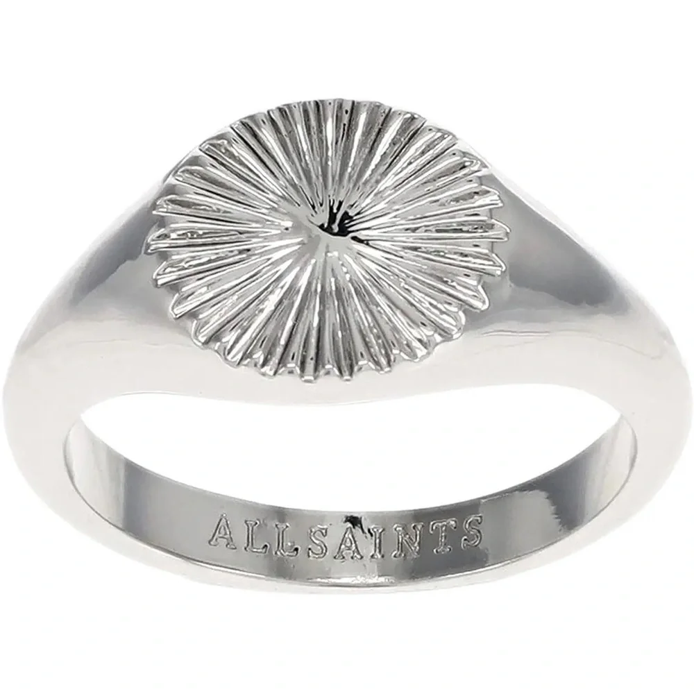 AllSaints‎ New Size 6 Rhodium Plated Textured Fan Signet Ring Silver Tone Brass